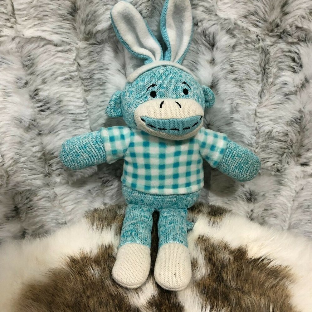 Dan Dee Easter Bunny Sock Monkey 13 Inches Tall Blue Plaid Shirt Rabbit Ears